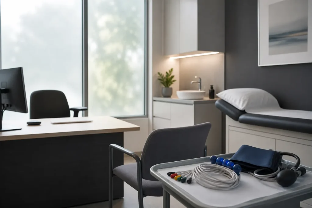 Private clinic room prepared for a men’s cardiometabolic health check