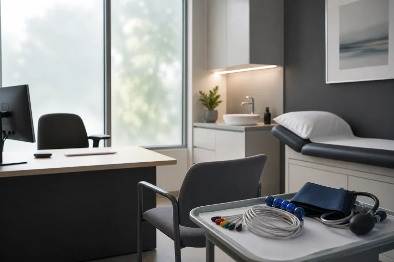 Private clinic room prepared for a men’s cardiometabolic health check