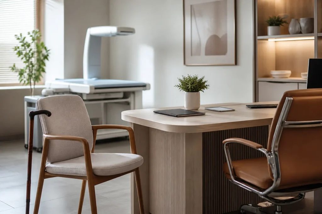 Calm private clinic room prepared for a senior wellbeing health check
