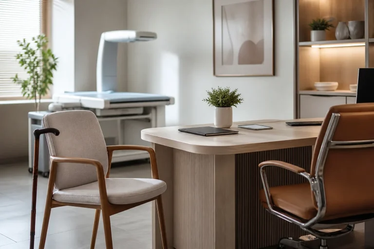 Calm private clinic room prepared for a senior wellbeing health check