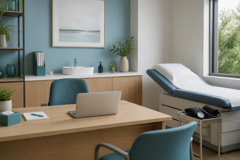 Private midlife health consultation room prepared for a women’s preventive health check