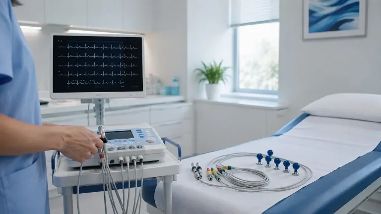 Cardiometabolic health check setup with ECG equipment for heart and diabetes risk review