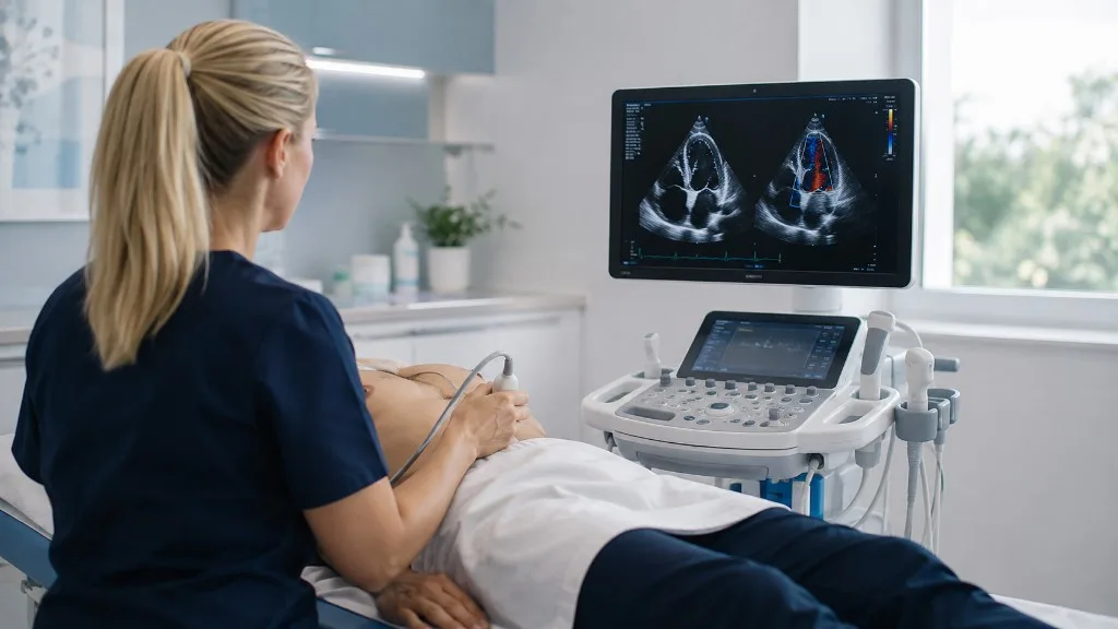 Echocardiogram ultrasound room prepared for a heart scan with specialist consultation advice