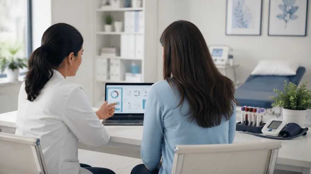 Private GP explaining preventive health results to a patient in a modern clinic